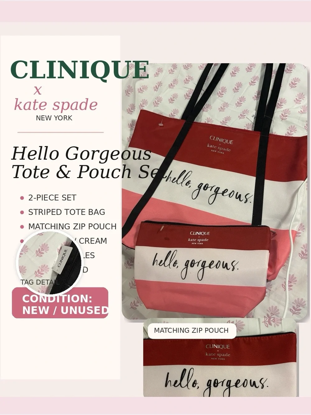 kate spade Clinique Hello Gorgeous Striped Tote & Pouch - Pink, White, Red